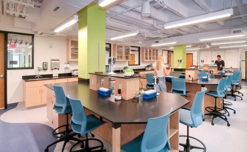 Students stand at newly constructed lab stations